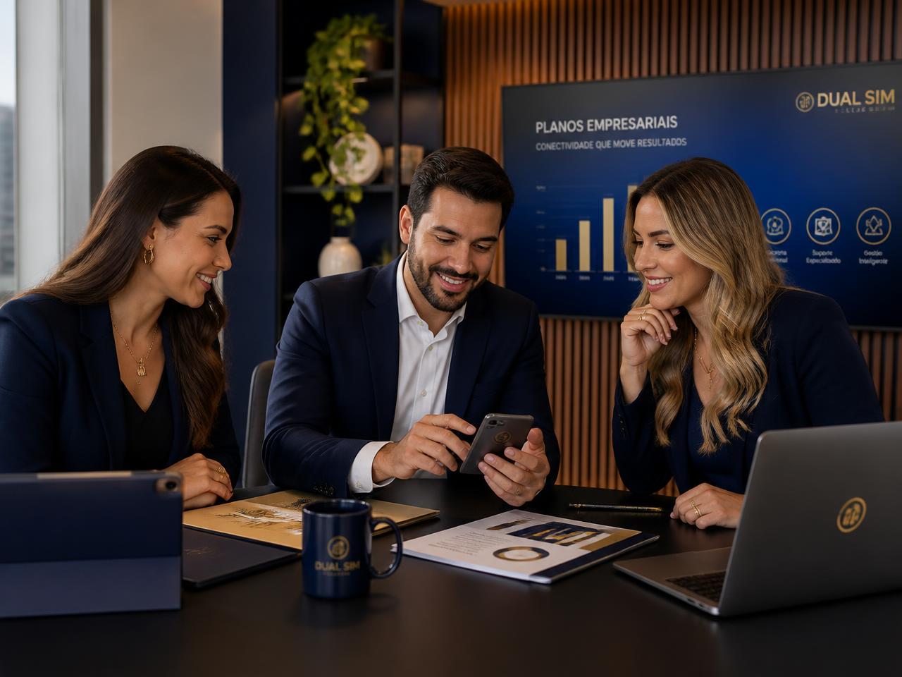 Consultores da Orion analisando planos de telefonia móvel com um cliente